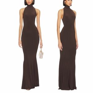 Norma Kamali Halter Turtle Fishtail Gown Chocolate